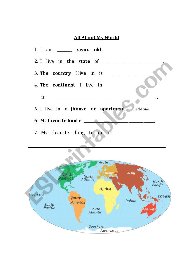 All About My World worksheet