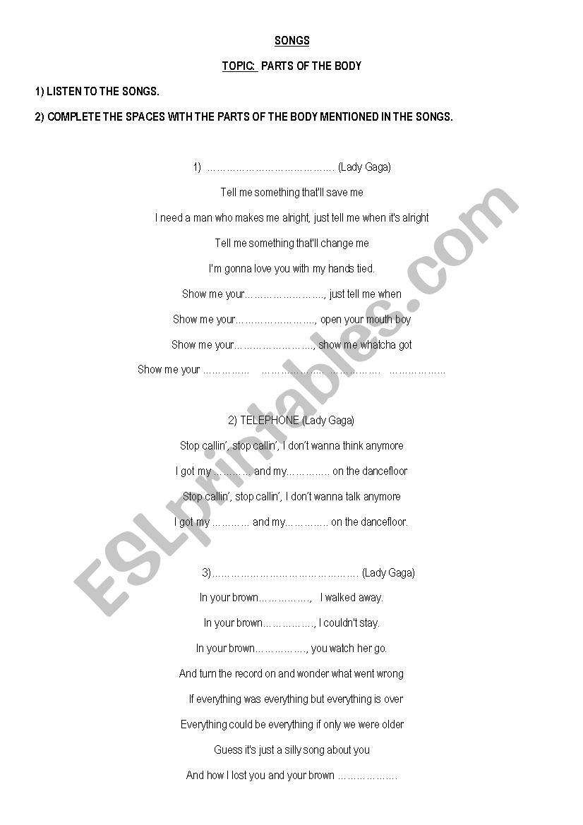 SONGS MIX with PARTS OF THE BODY worksheet