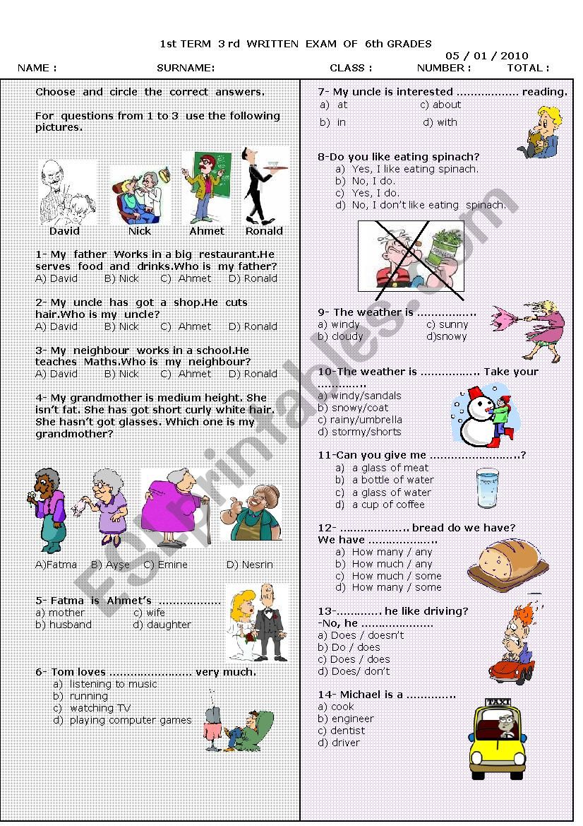 The Third exam of sixth class worksheet