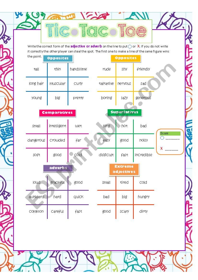 Adjectives Tic tac toe worksheet