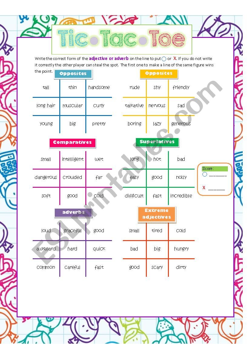 Adjectives Tic tac toe worksheet