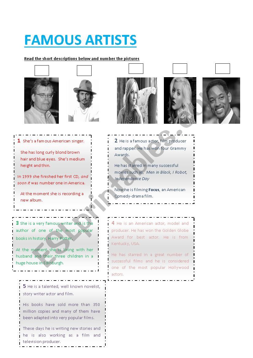 Famous artists descriptions worksheet