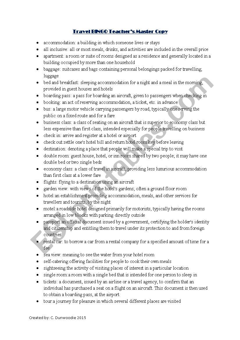 Travel BINGO Cards worksheet