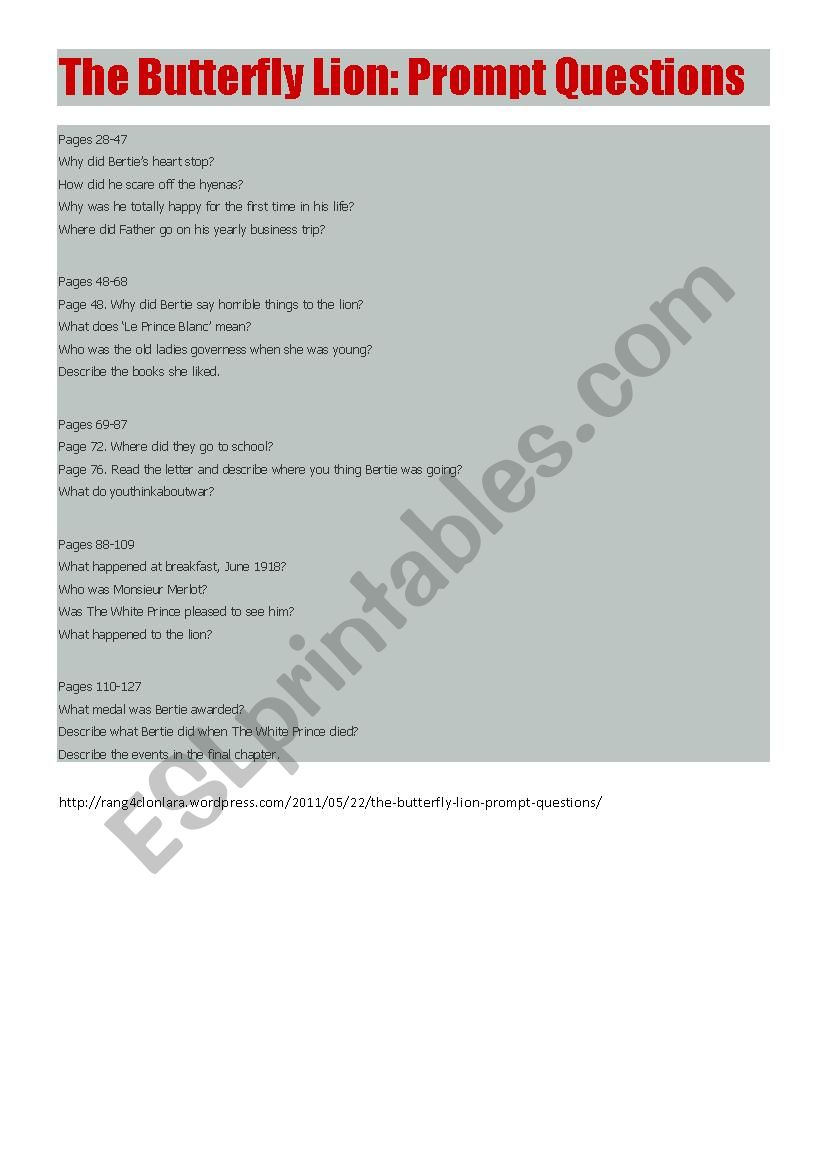 Butterlfly lion questions worksheet