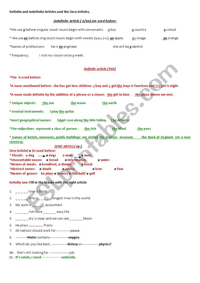 Definite and Indefinite Articles and the Zero Articles