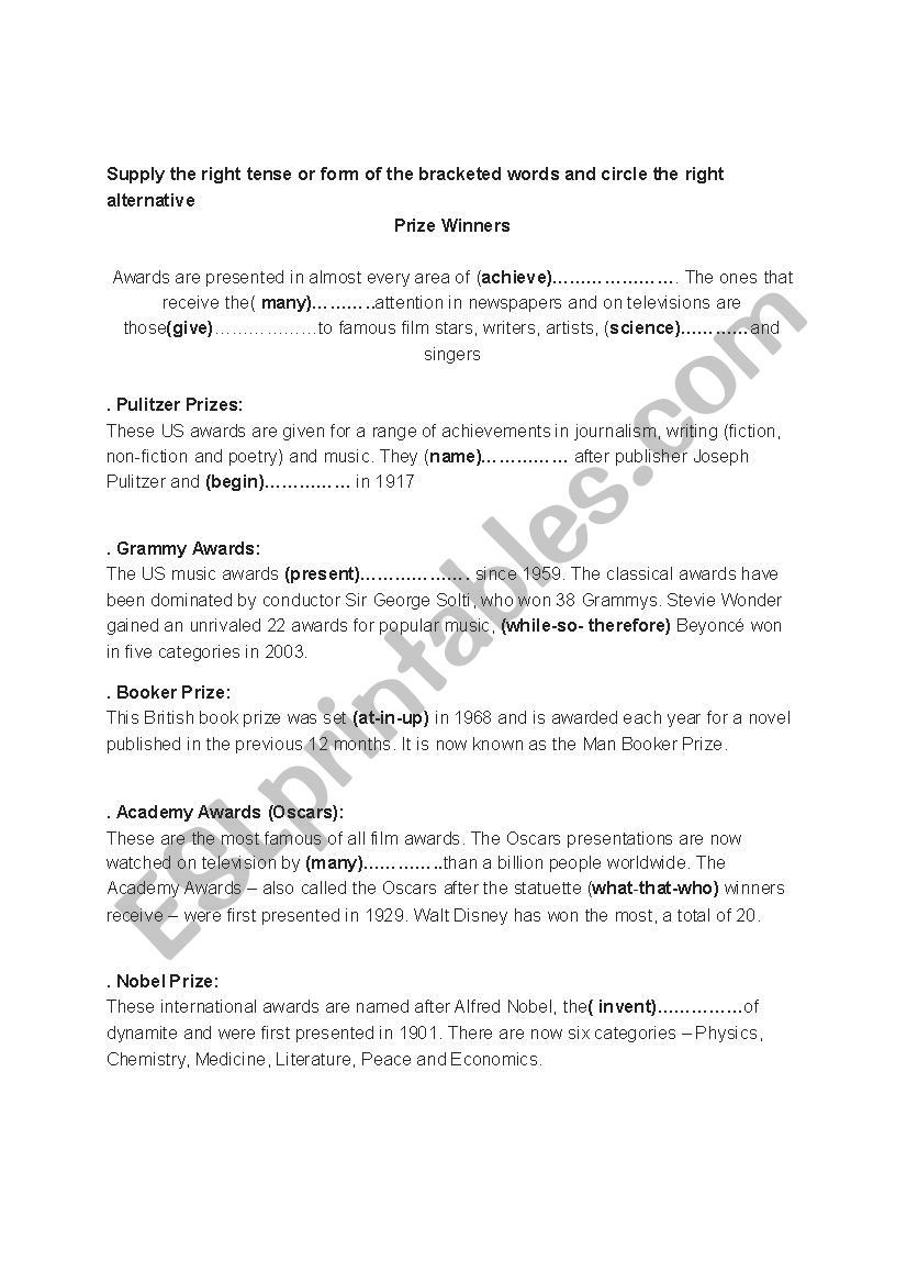 Prize Winners worksheet