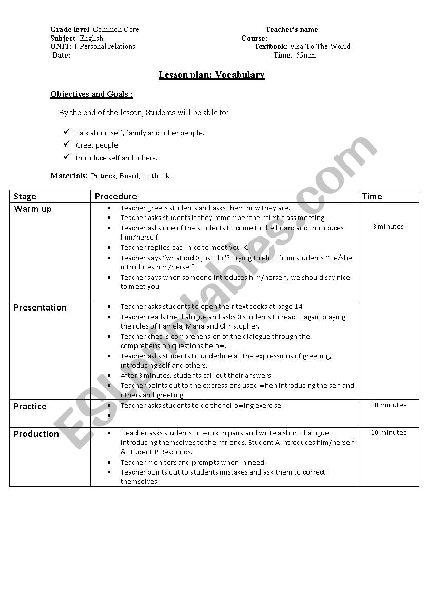 Lesson plan Greeting worksheet