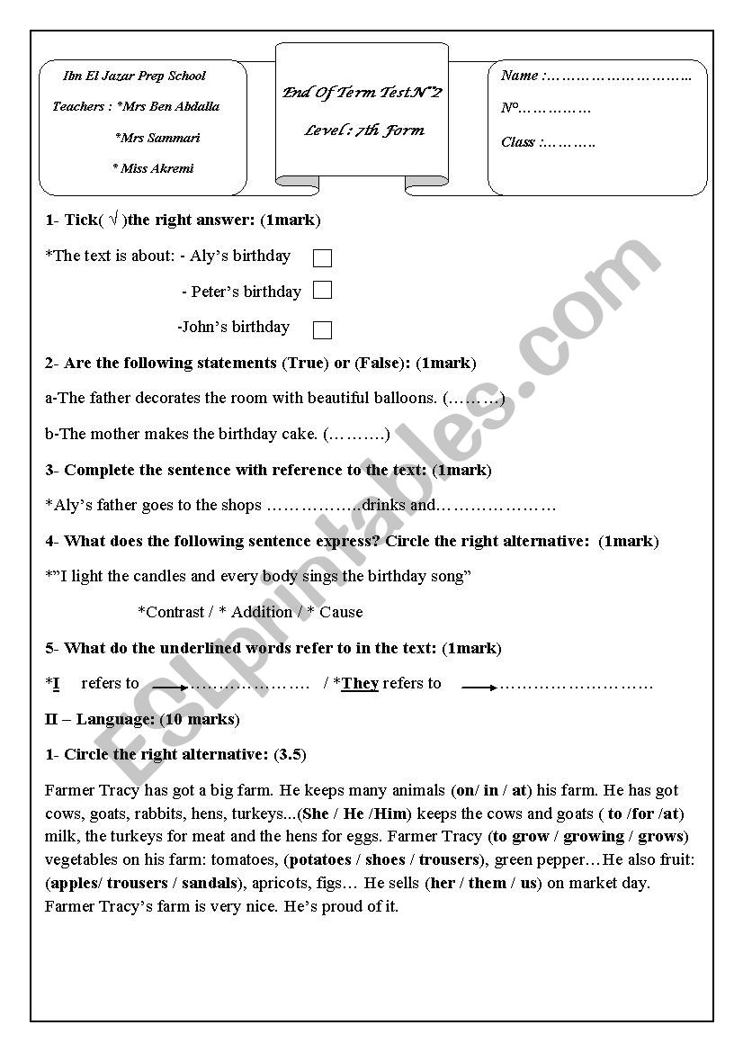 end of term test two 7th form worksheet