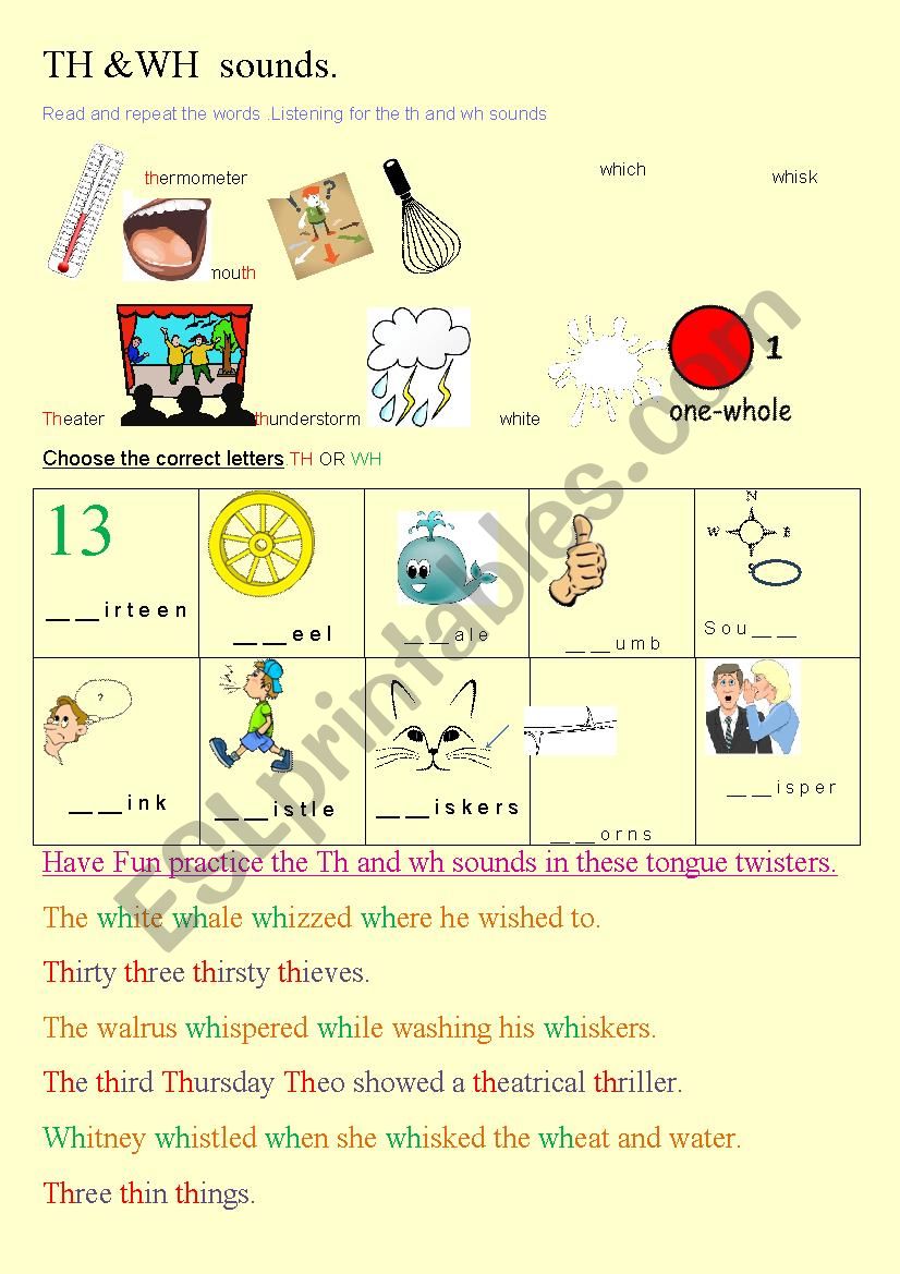 th and wh sounds worksheet
