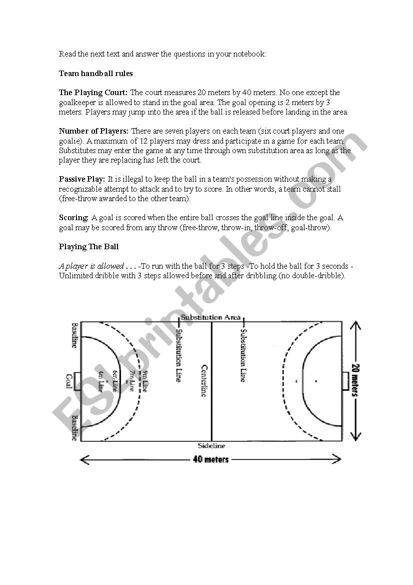Handball rules worksheet