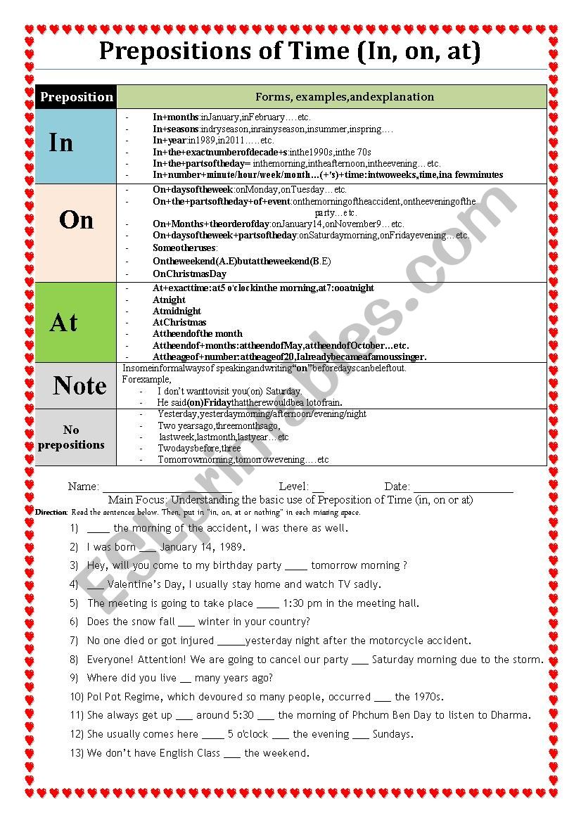 Prepositions of Time (in on at)