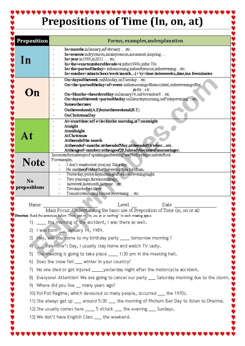 Prepositions of Time (in on at)