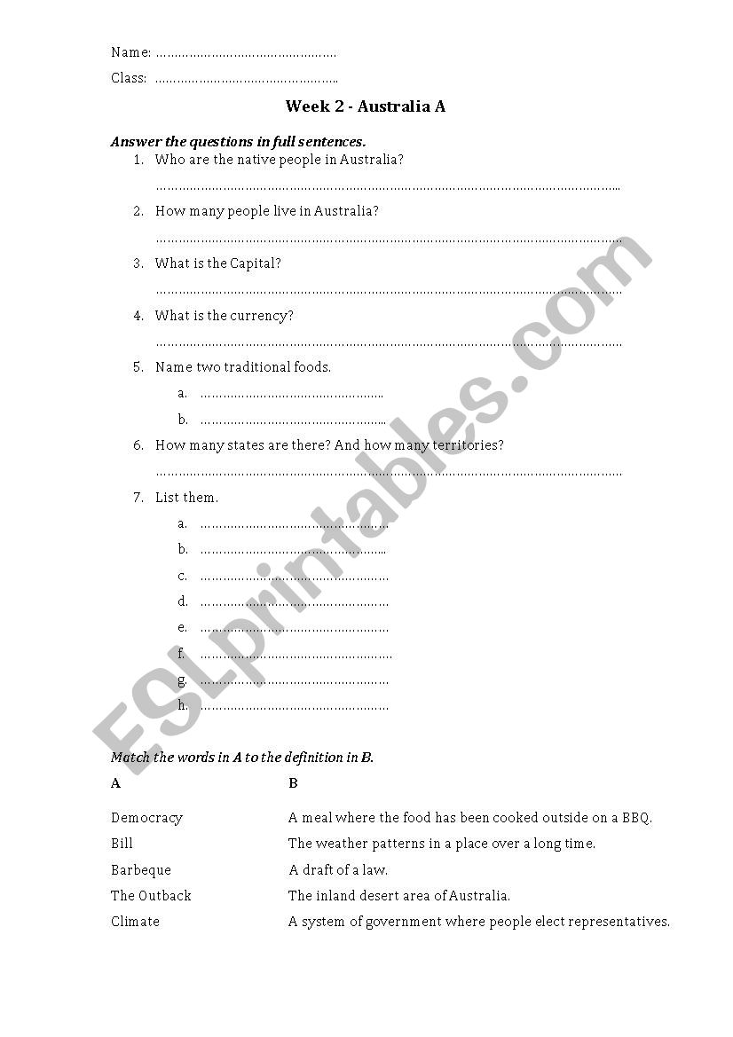 Australia Worksheet worksheet