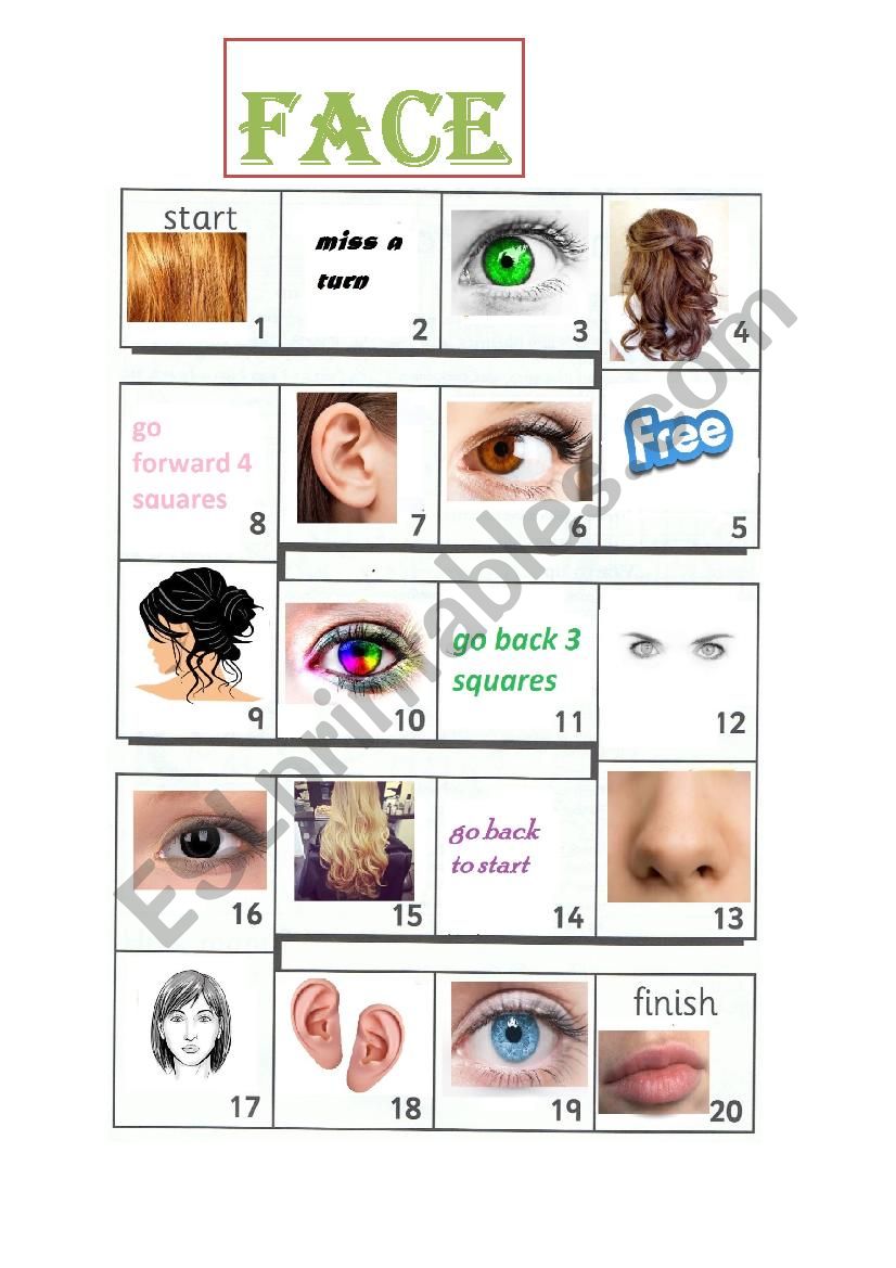 Board game: The face worksheet