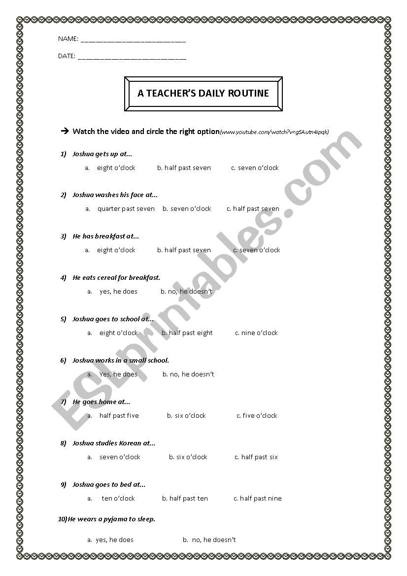 A teachers daily routine worksheet