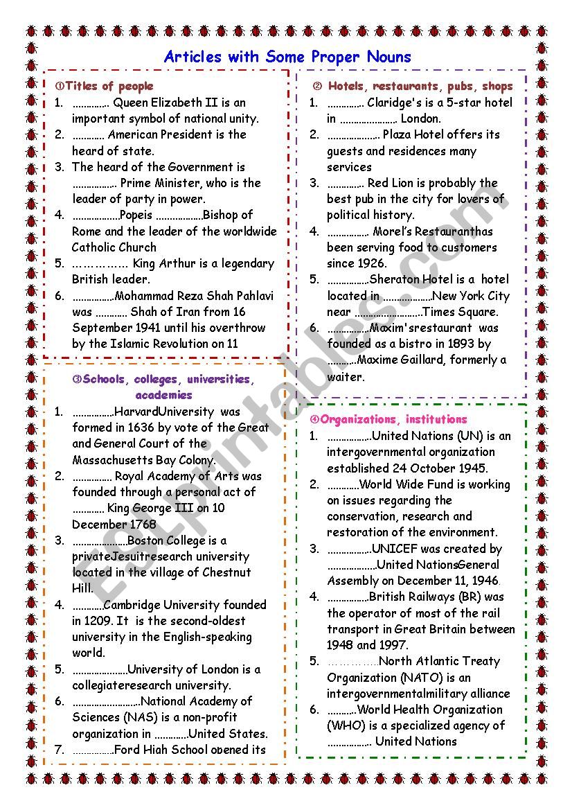 Articles with proper nouns worksheet