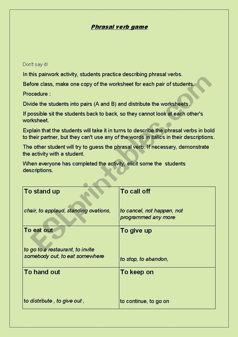 Phrasal verb game worksheet