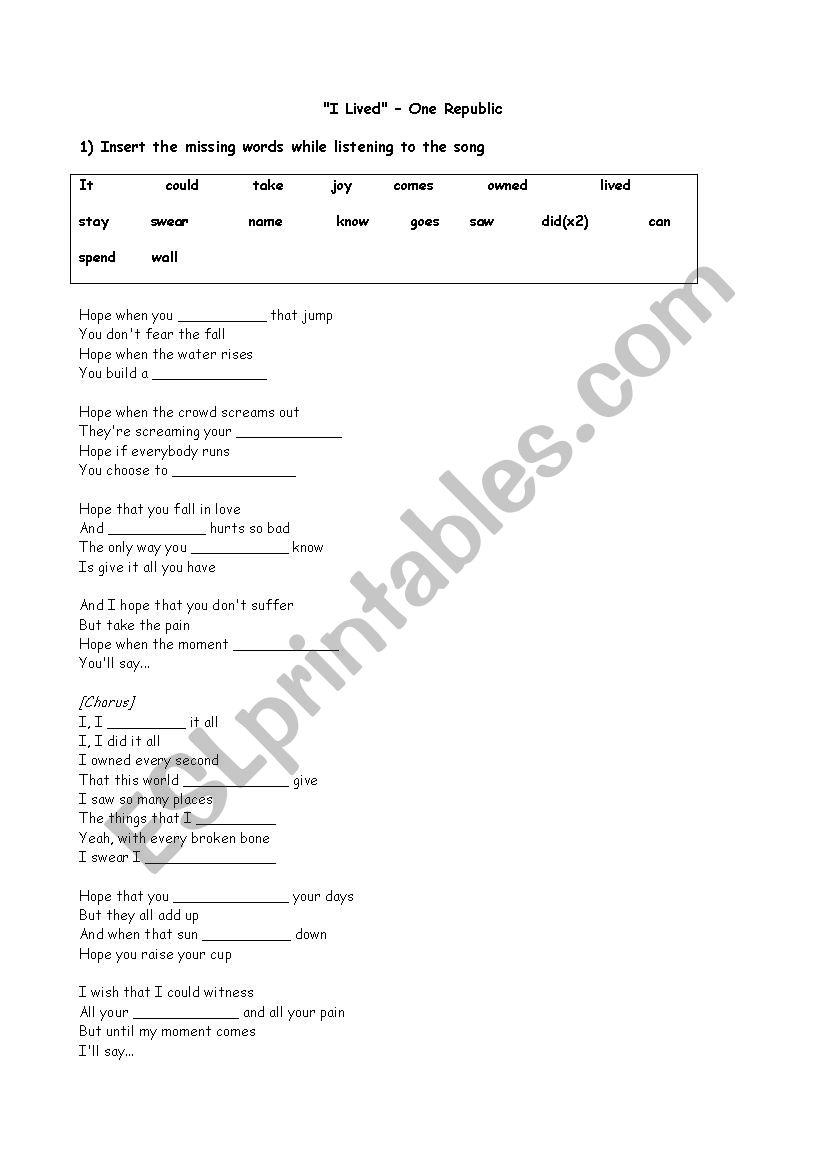 I Lived-One republic worksheet