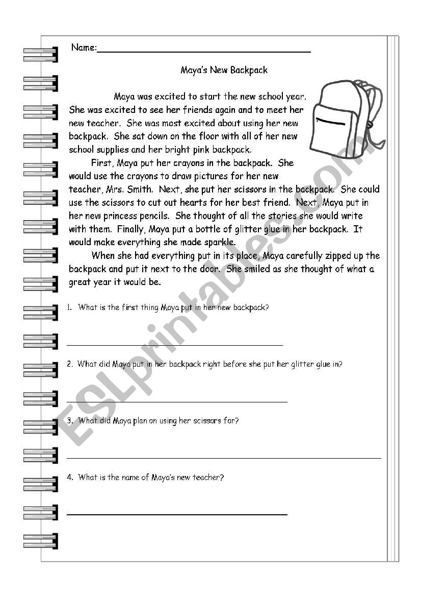 Mayas New Backpack worksheet