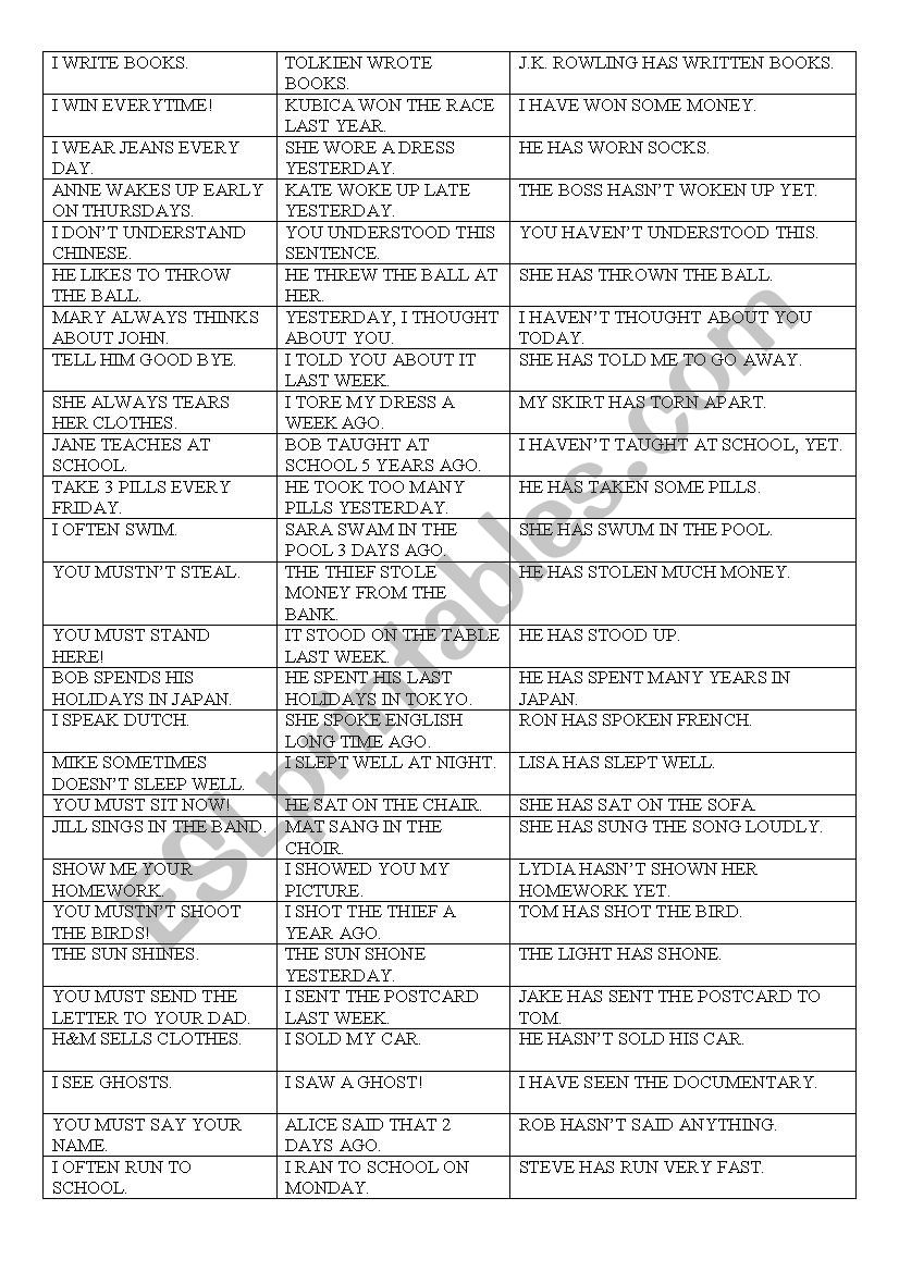 IRREGULAR VERBS sentence memory game