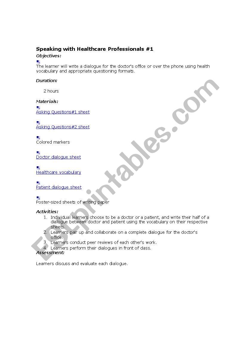 health care lesson plan worksheet