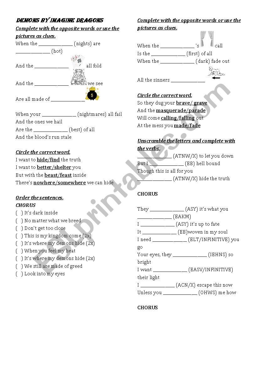 Demons by Imagine Dragons worksheet