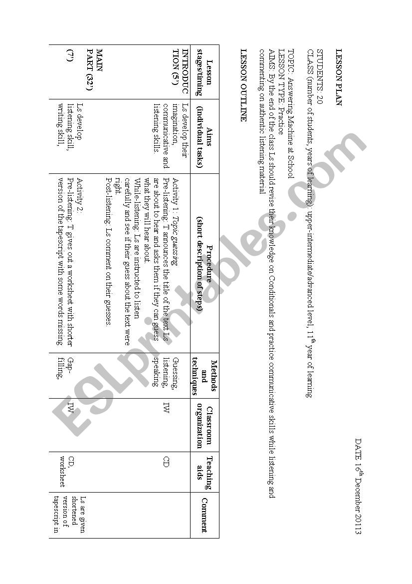 Listening lesson plan worksheet