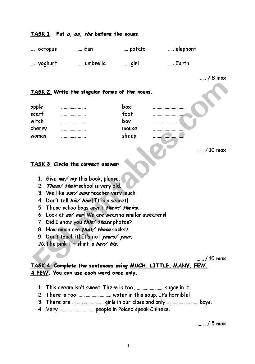 grammar test worksheet