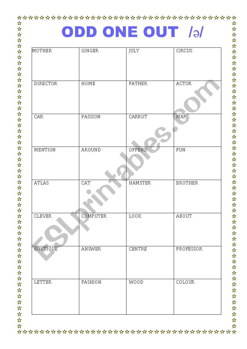 Odd one out /ə/ with key worksheet