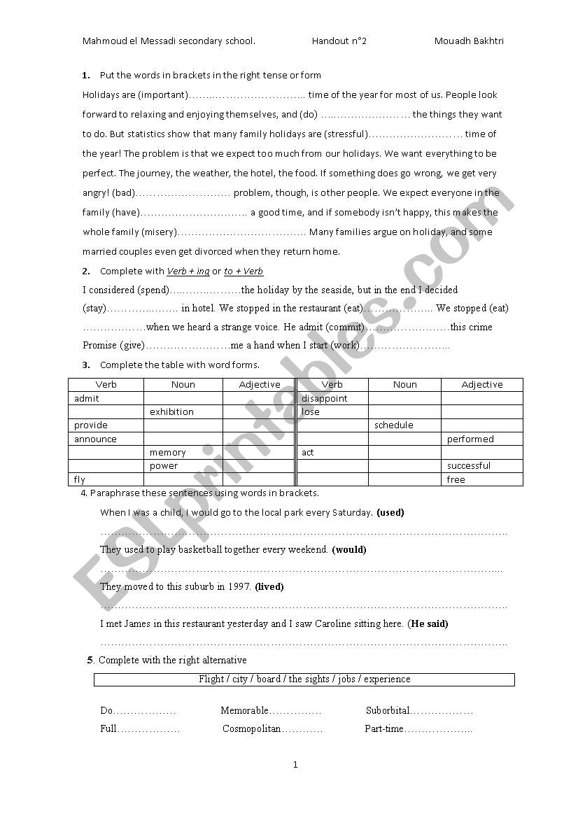 Worksheet for 4th formers Unit one