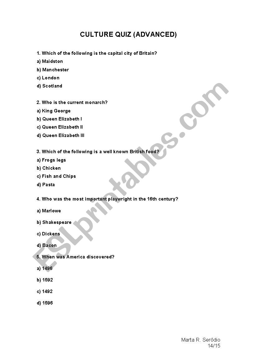 Culture quiz 3- with key worksheet