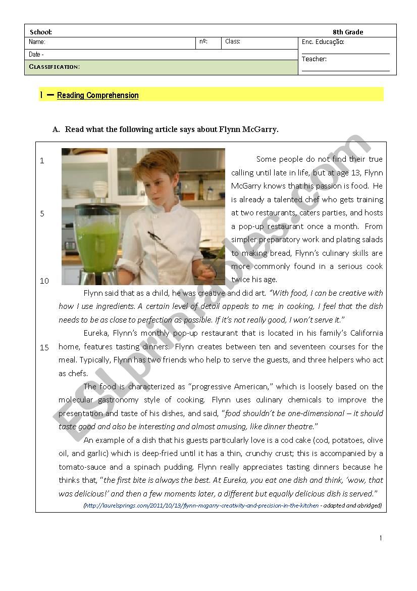 Test - 8th Grade  - Cooking Passion