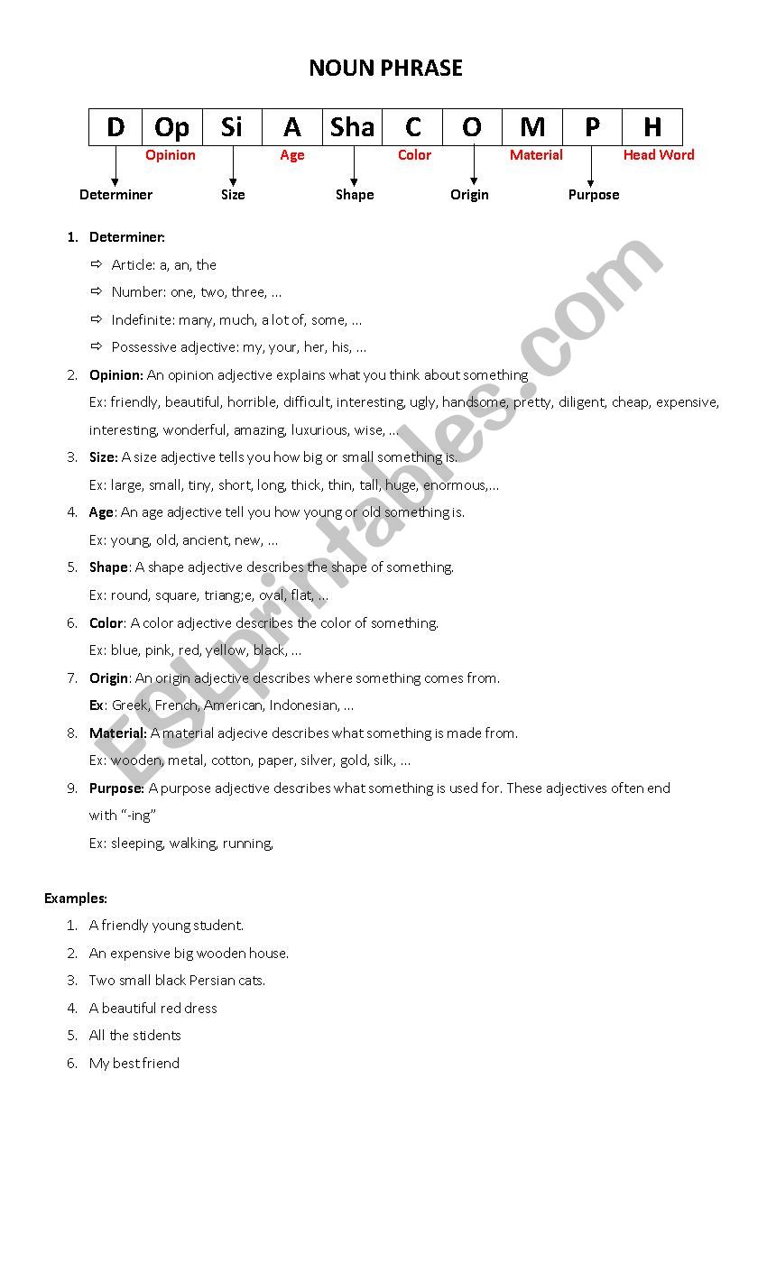 NOUN PHRASE worksheet