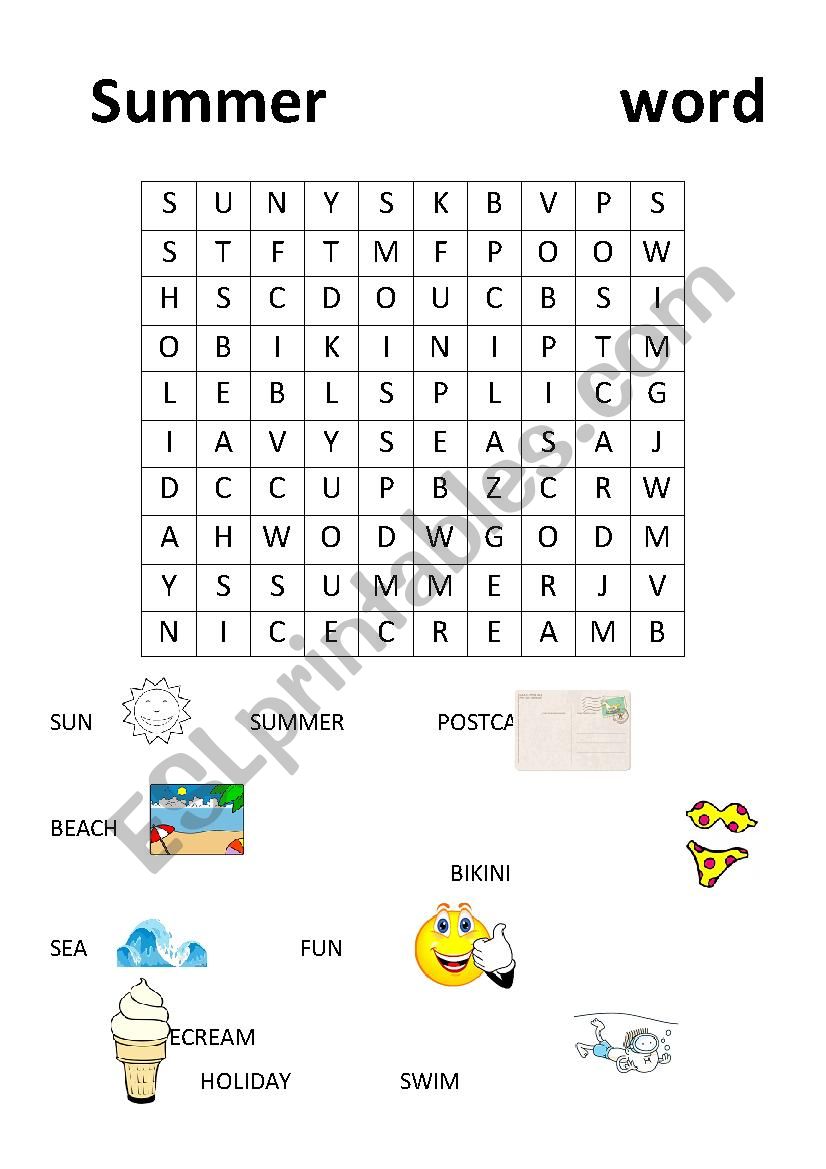Summer Words wordsearch worksheet