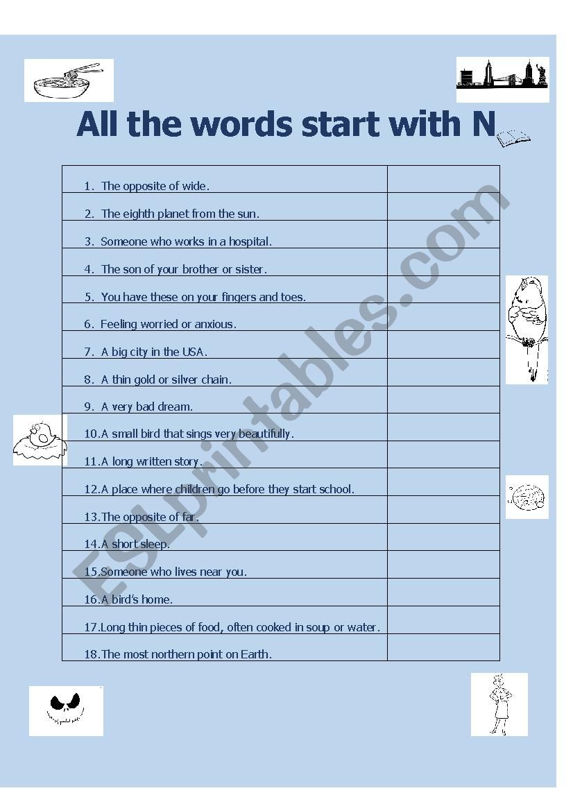 All the Words Start with N worksheet