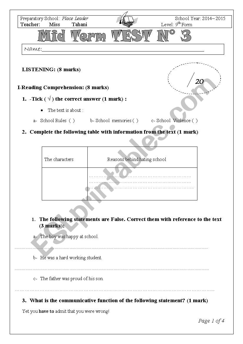 mid test 3  9th form  worksheet