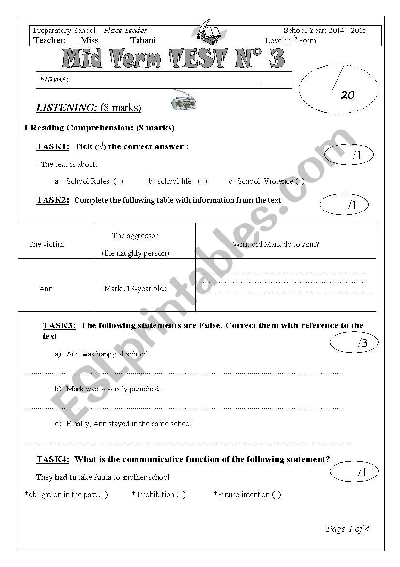 mid test 3  9th form 2 worksheet