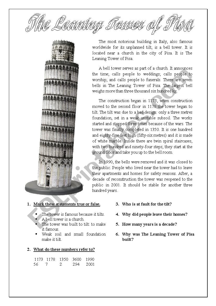The Tower of Pisa in Italy worksheet