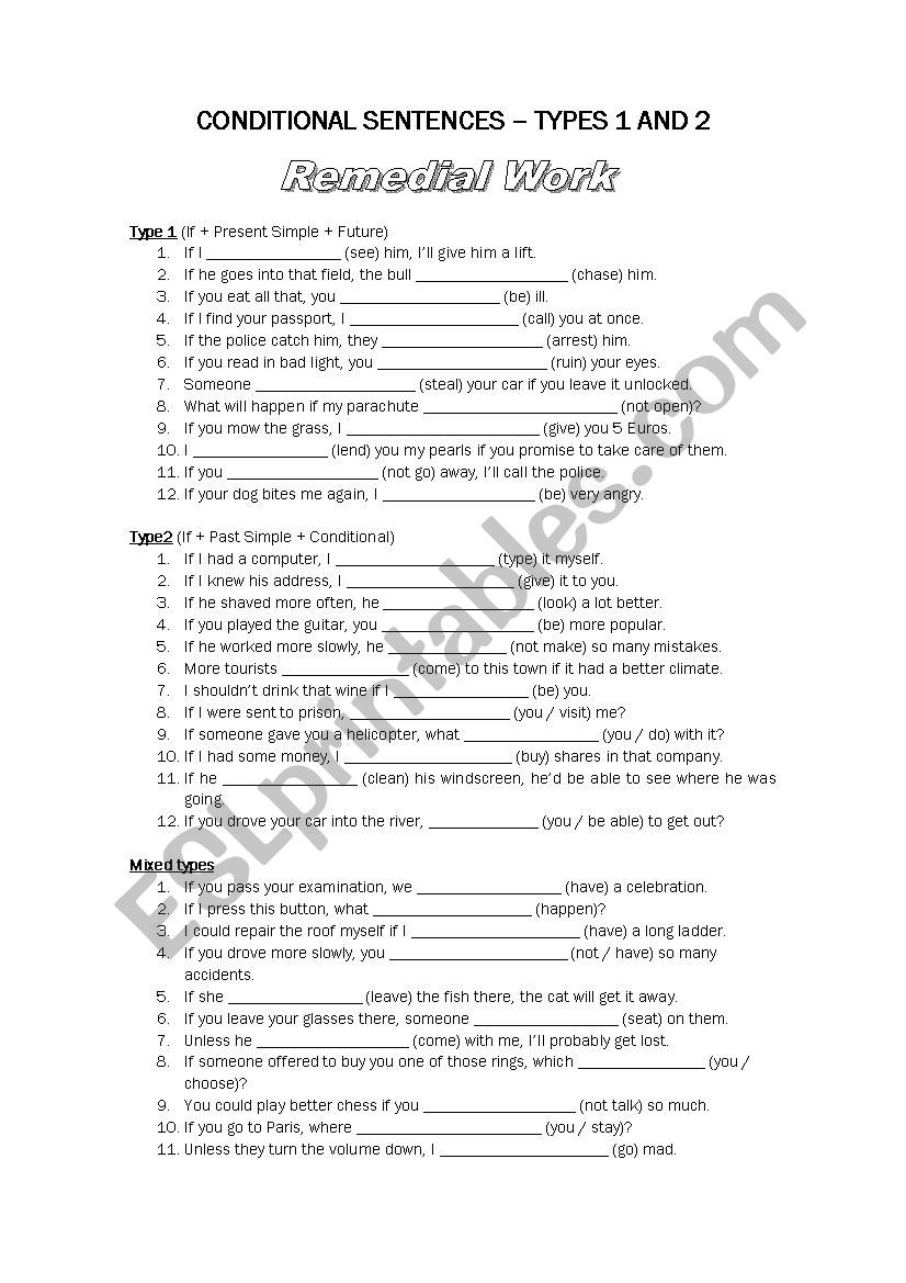 Conditional sentences (Type 1 and 2) - Remedial work