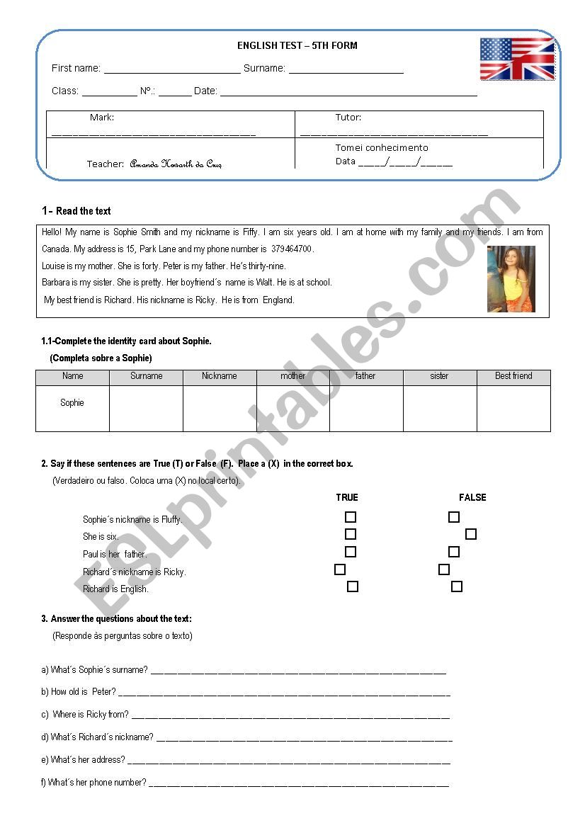 5th Form test - Personal info worksheet