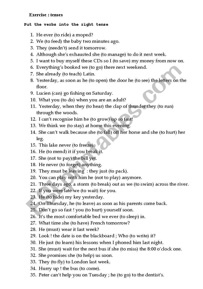 exercise on verb tenses worksheet