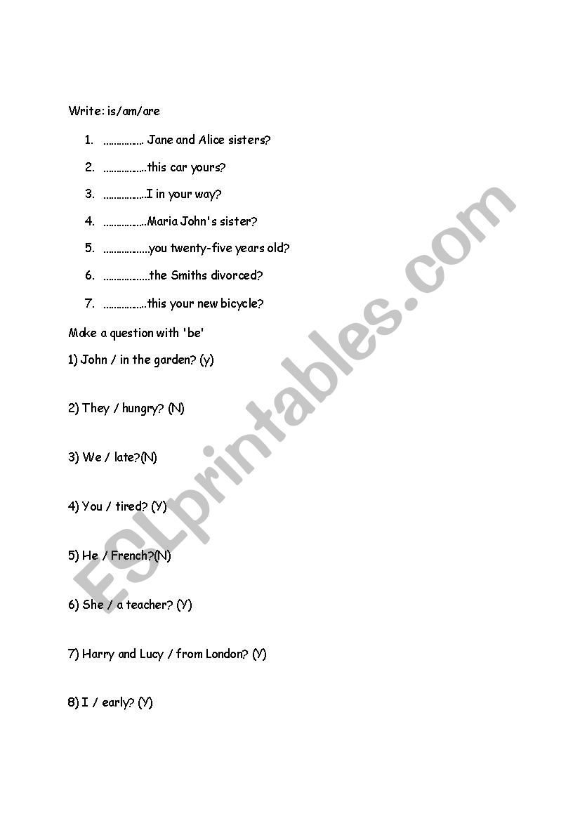 verb to be worksheet