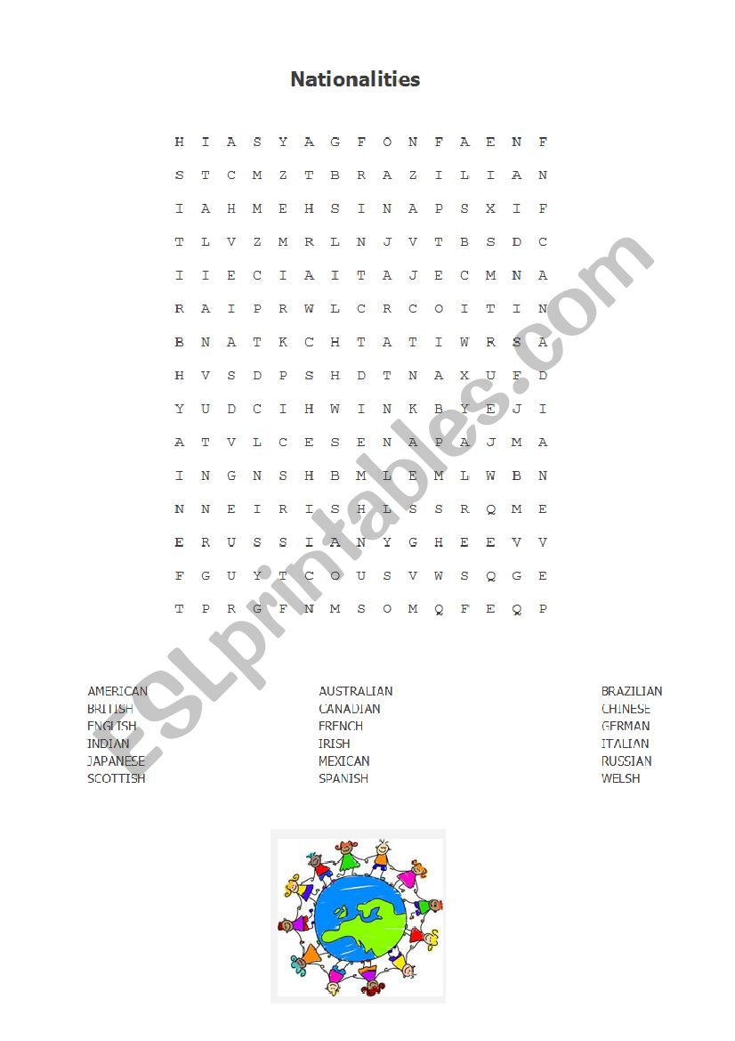 Wordsearch Nationalities worksheet