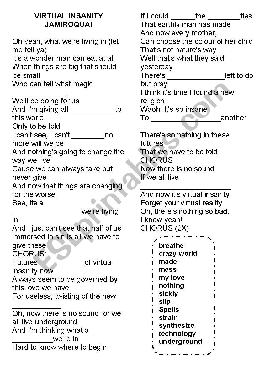 Virtual Insanity - Jamiroquai worksheet