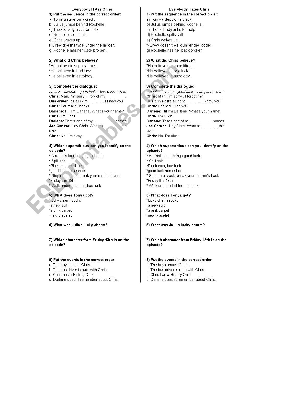 Everybody Hates Superstitions worksheet