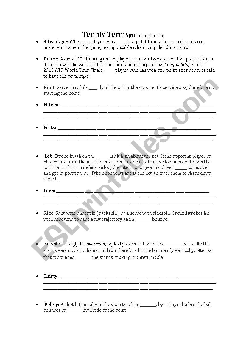 Tennis Vocabulary  worksheet