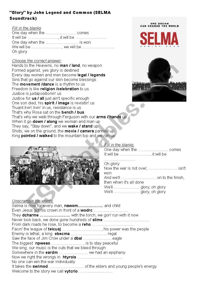 Glory Selma Soundtrack By Common And John Legend Esl Worksheet By Gaellem