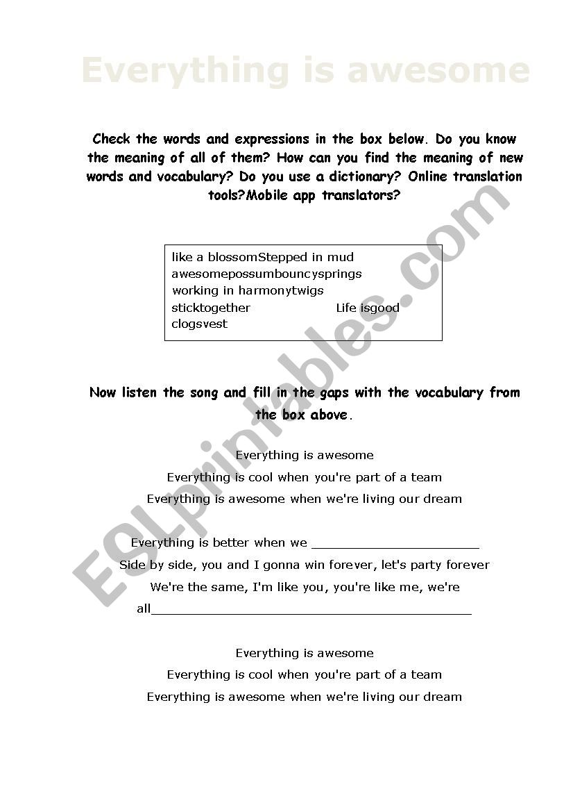 Everything is Awesome Song worksheet