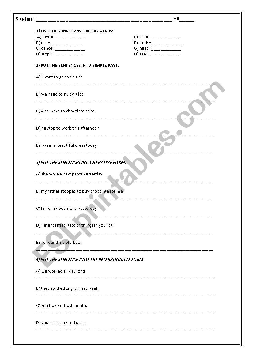 Exercises of simple past worksheet