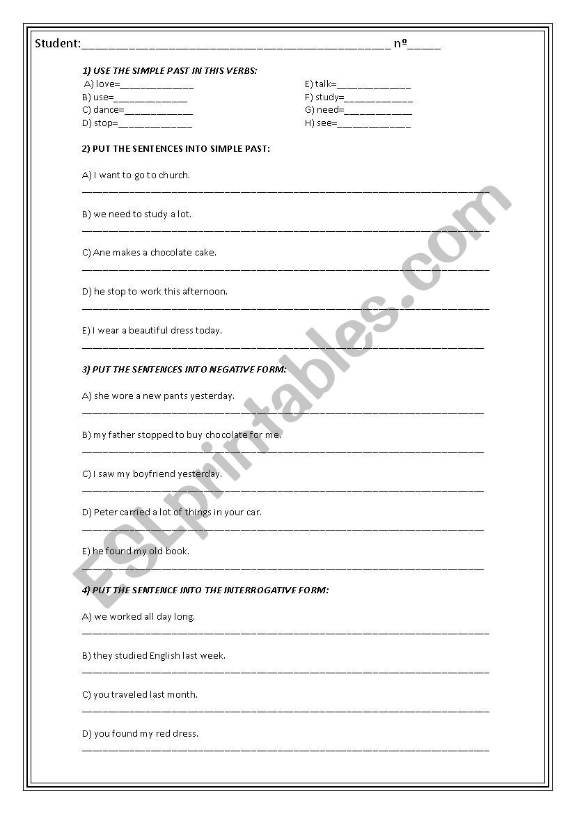 Exercises of simple past worksheet